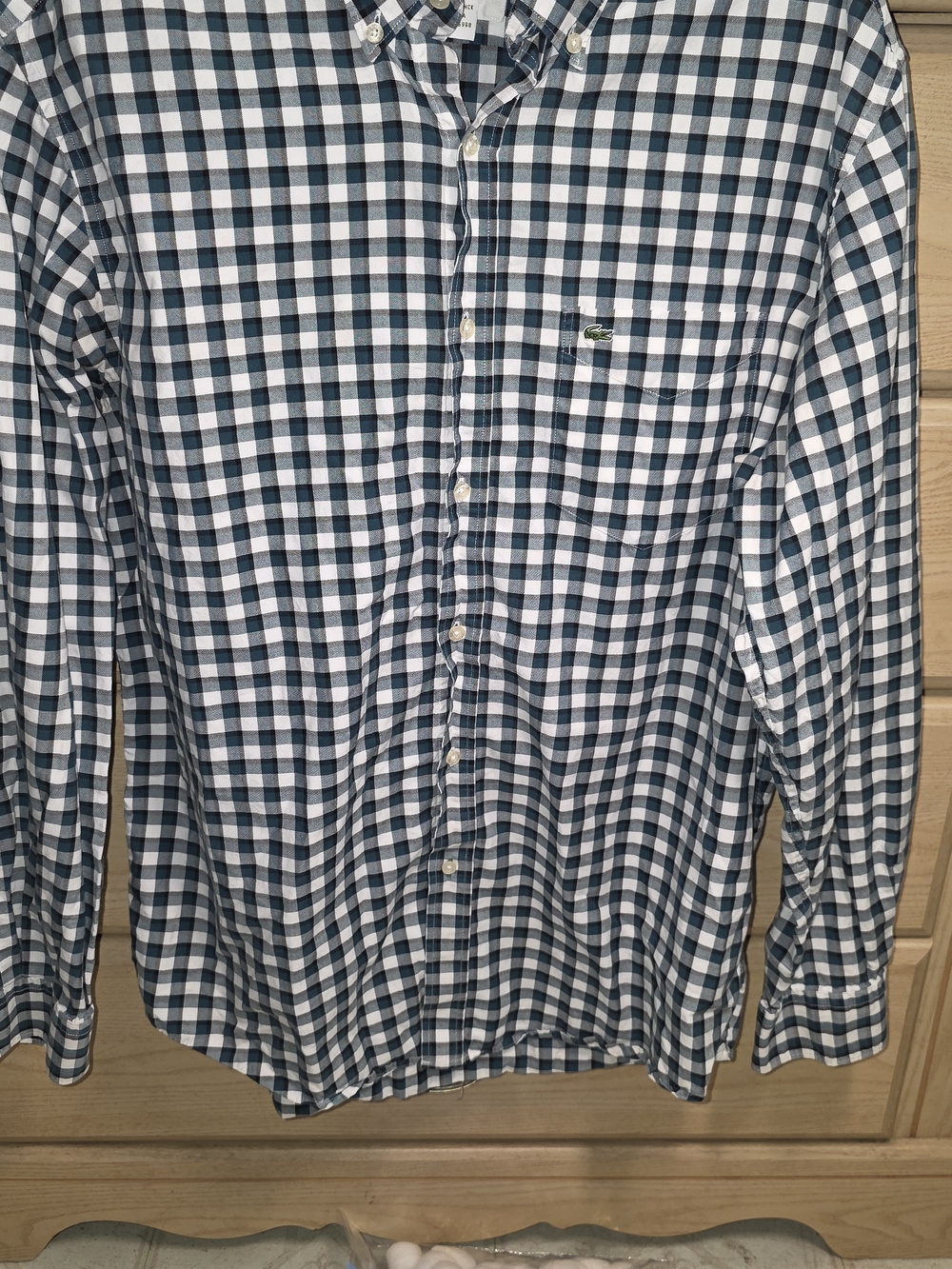 Lacoste Men’s Navy and White Checked Button-Down Shirt Size 42